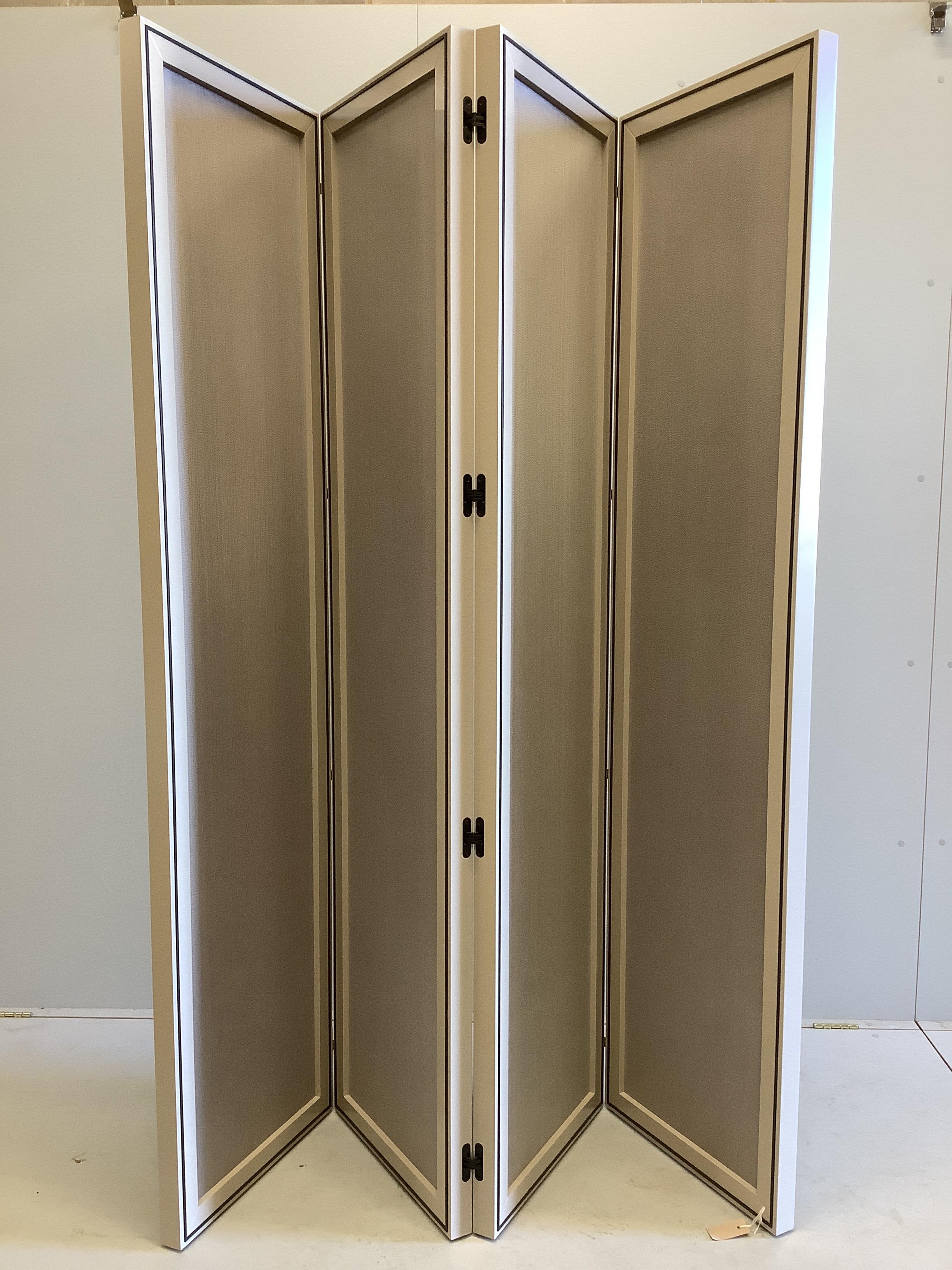 A contemporary four folding screen by Decca Furniture with Philip Jeffries Mink Movement covering, each panel width 50cm, height 200cm
